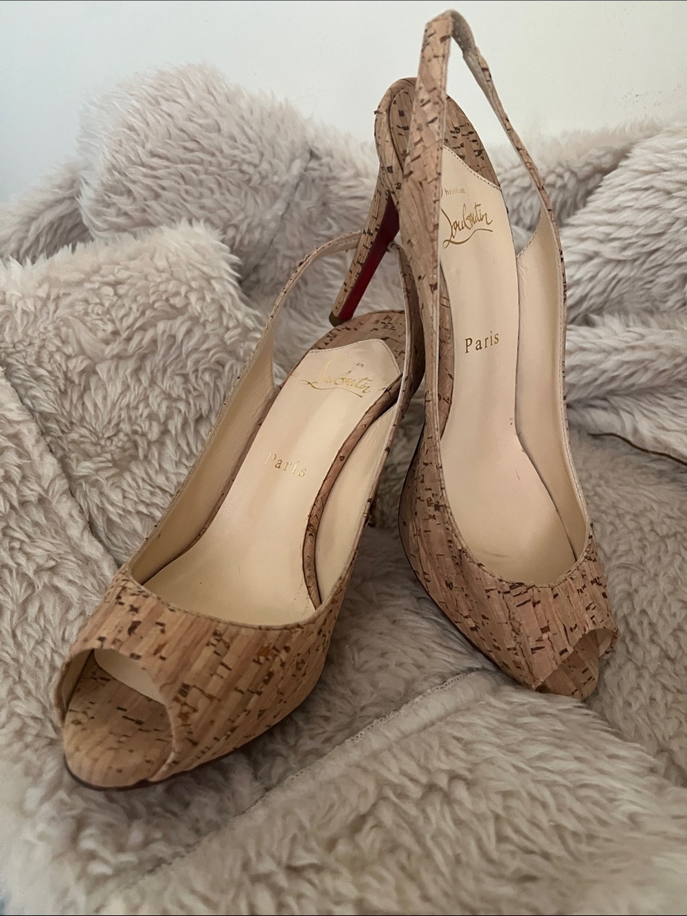 Christian Louboutin Cork Peep-Toe Slingback Heels in Natural Cork